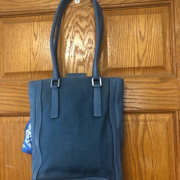 Vintage Coach Canvas Blue Tote Blue Leather Trim - Picture 3 of 8